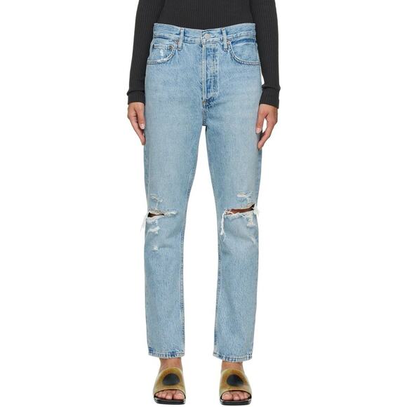 Agolde Blue Riley Denim Jeans Distressed High Rise Button Fly Cropped Size 25 - Picture 1 of 11